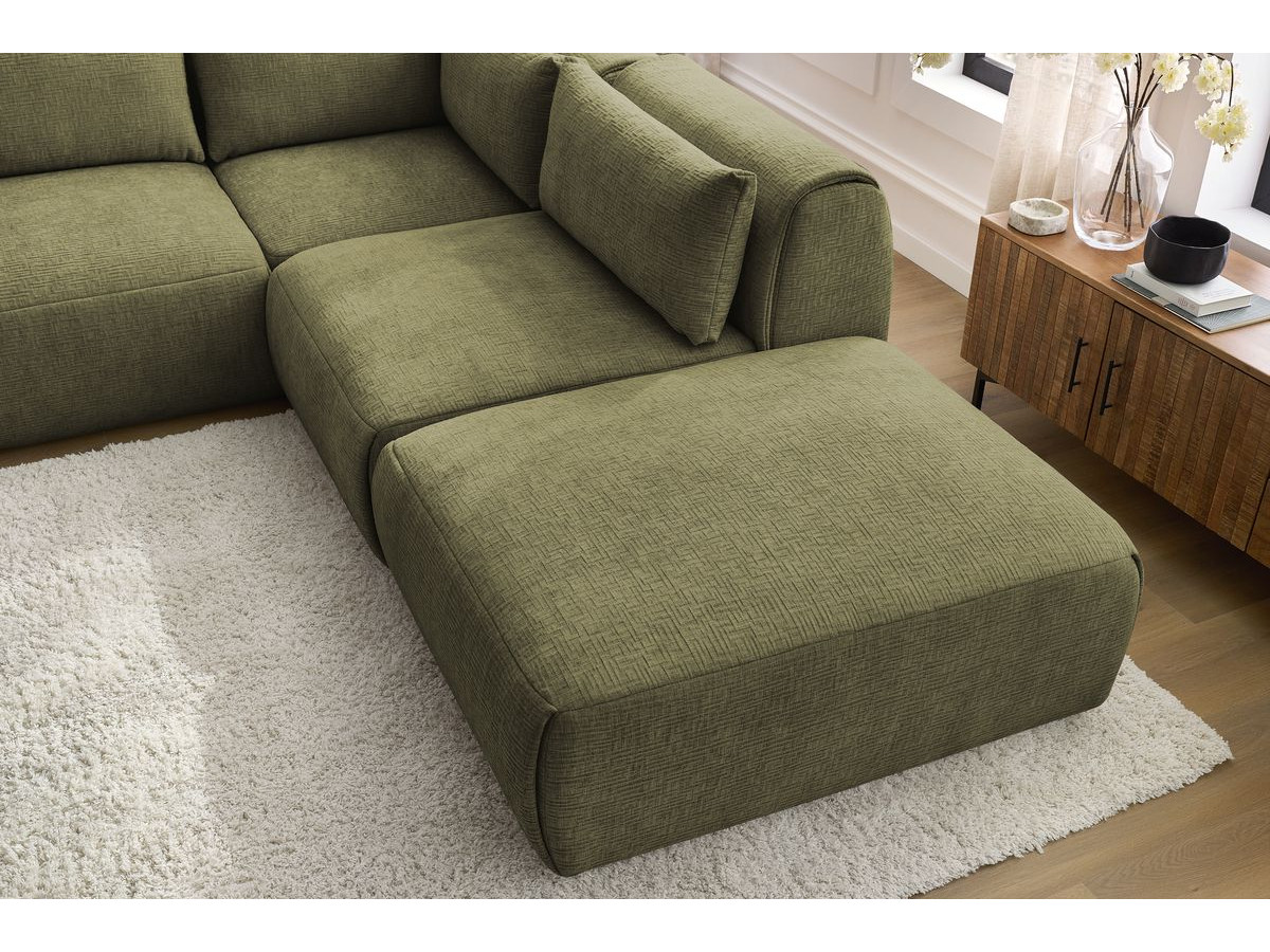 Canapé d'angle fixe modulable JEANNE tissu texturé avec 2 chauffeuses, 1 angle et 2 poufs