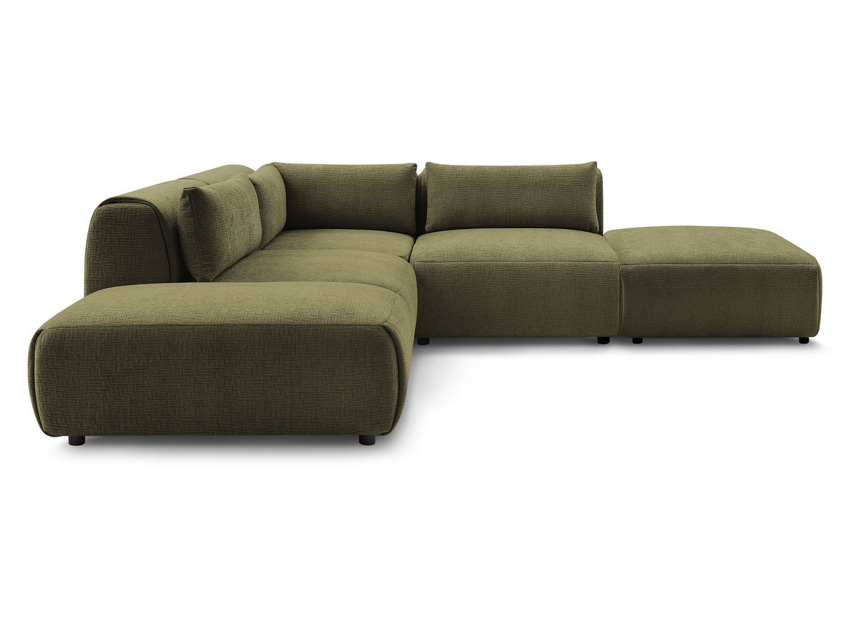 Canapé d'angle fixe modulable JEANNE tissu texturé avec 2 chauffeuses, 1 angle et 2 poufs