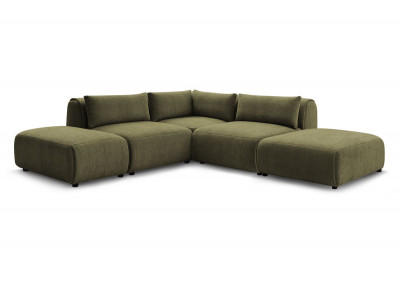 Canapé d'angle fixe modulable JEANNE tissu texturé avec 2 chauffeuses, 1 angle et 2 poufs