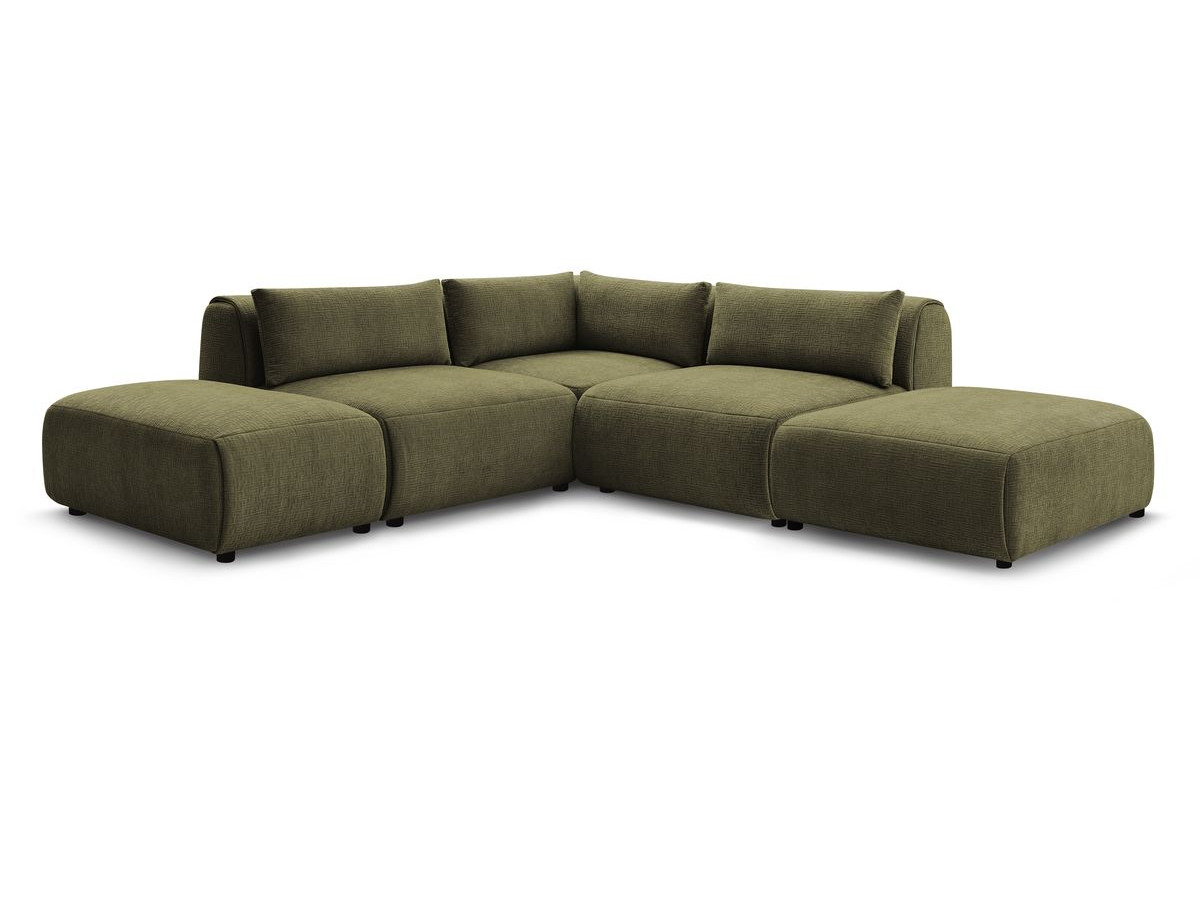 Canapé d'angle fixe modulable JEANNE tissu texturé avec 2 chauffeuses, 1 angle et 2 poufs