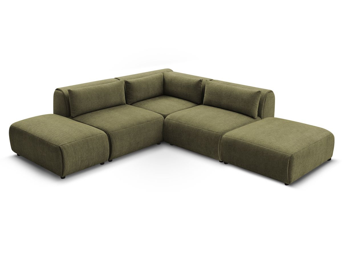 Canapé d'angle fixe modulable JEANNE tissu texturé avec 2 chauffeuses, 1 angle et 2 poufs