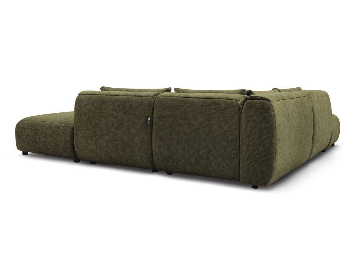Canapé d'angle fixe modulable JEANNE tissu texturé avec 2 chauffeuses, 1 angle et 2 poufs