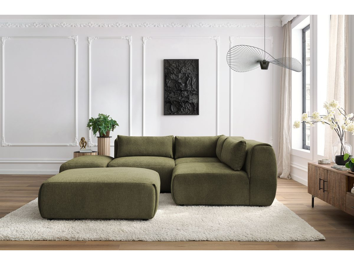 Canapé d'angle fixe modulable JEANNE tissu texturé avec 2 chauffeuses, 1 angle et 2 poufs