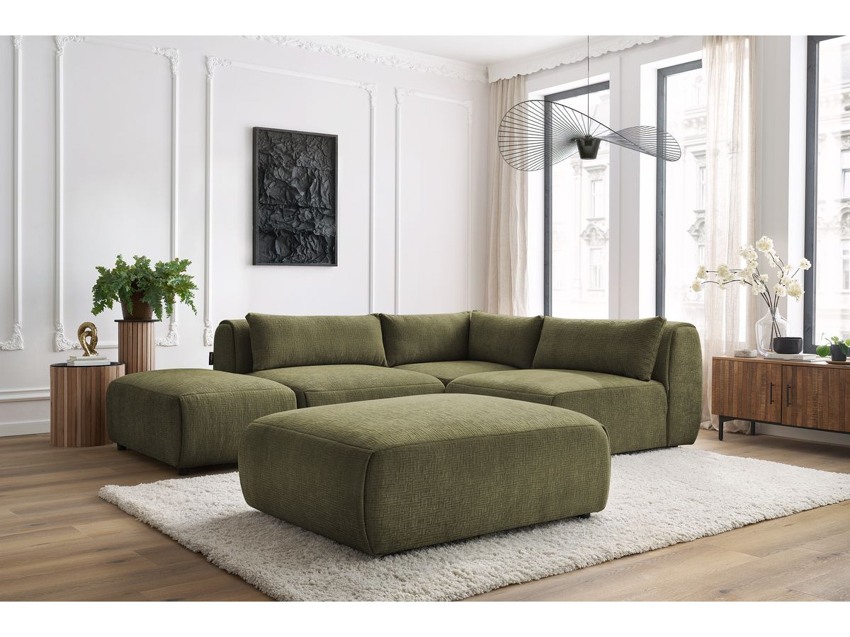Canapé d'angle fixe modulable JEANNE tissu texturé avec 2 chauffeuses, 1 angle et 2 poufs