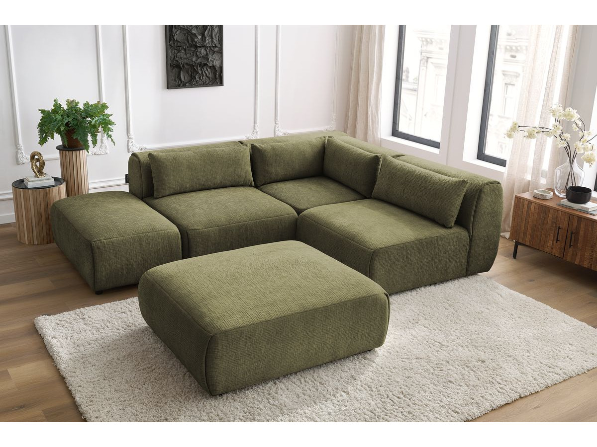 Canapé d'angle fixe modulable JEANNE tissu texturé avec 2 chauffeuses, 1 angle et 2 poufs