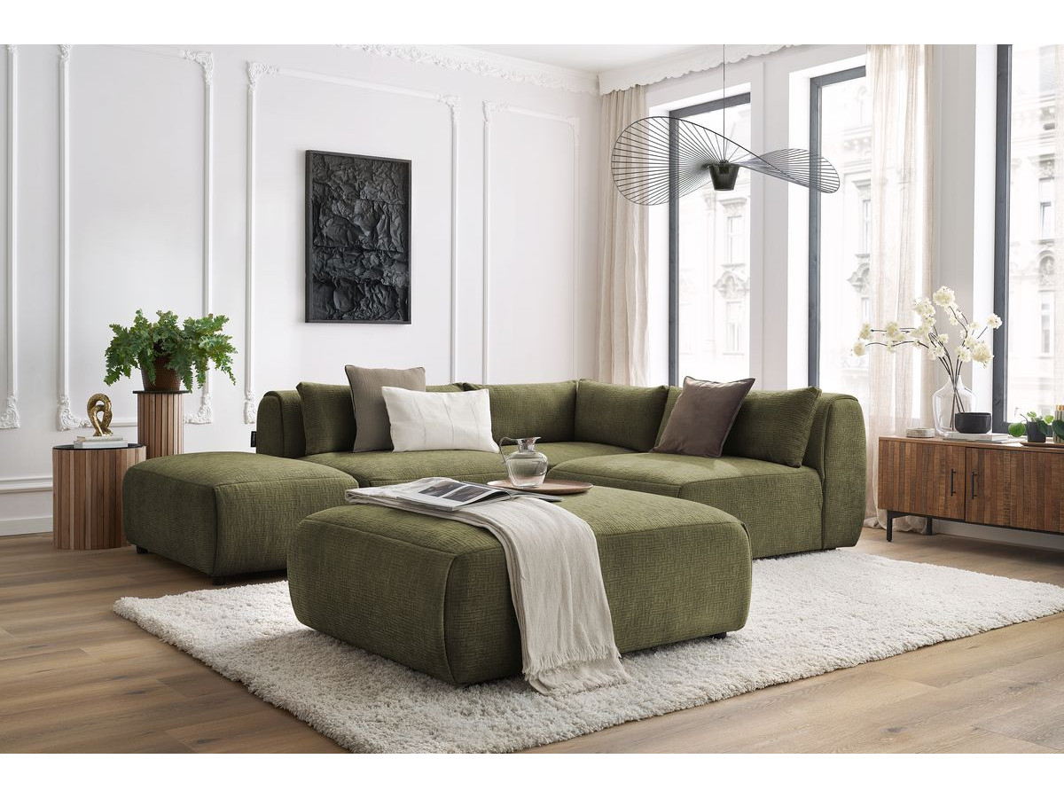 Canapé d'angle fixe modulable JEANNE tissu texturé avec 2 chauffeuses, 1 angle et 2 poufs