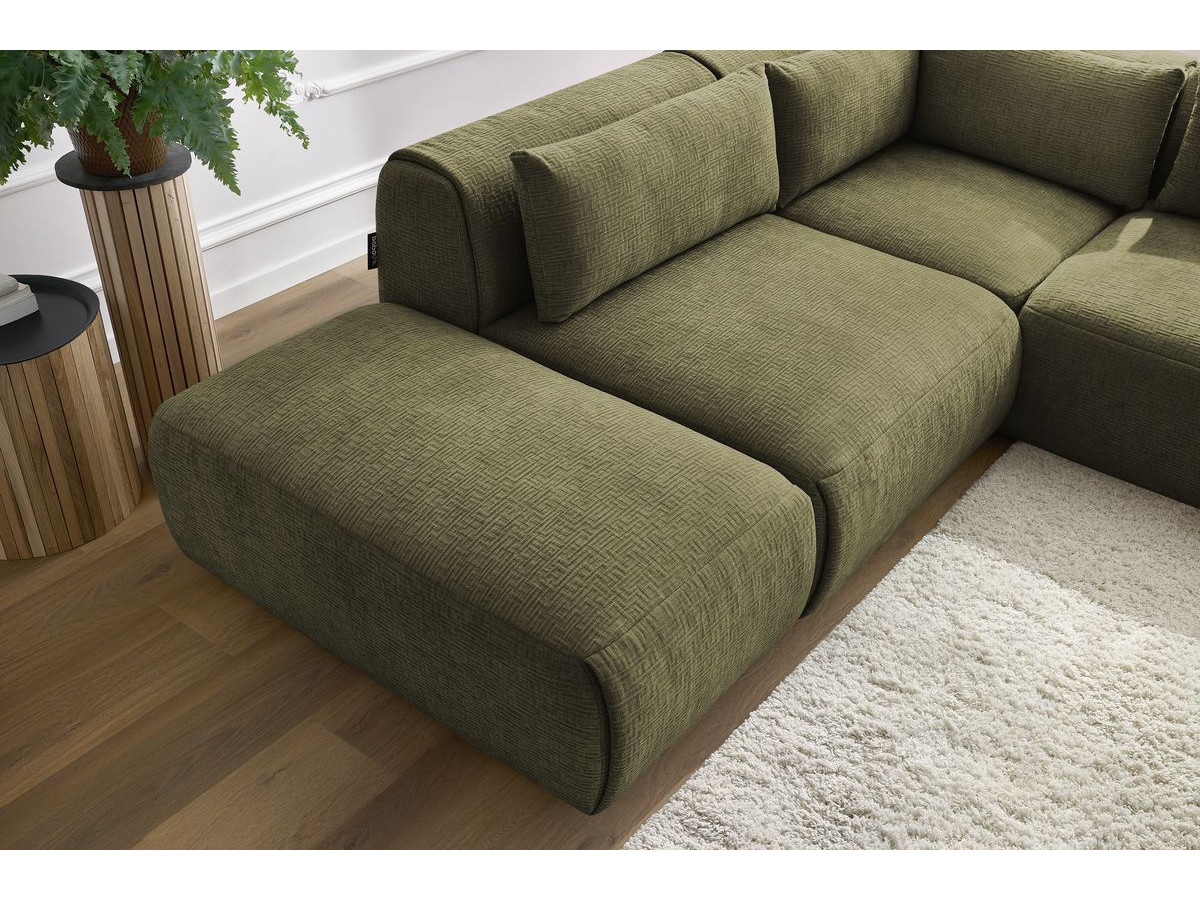 Canapé d'angle fixe modulable JEANNE tissu texturé avec 2 chauffeuses, 1 angle et 2 poufs