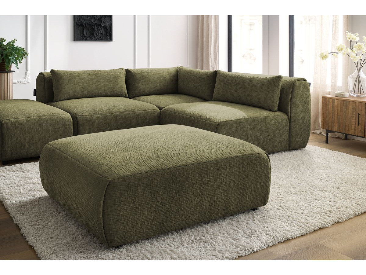 Canapé d'angle fixe modulable JEANNE tissu texturé avec 2 chauffeuses, 1 angle et 2 poufs
