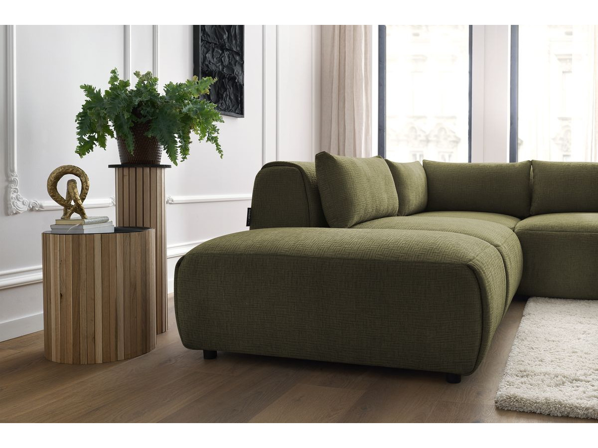 Canapé d'angle fixe modulable JEANNE tissu texturé avec 2 chauffeuses, 1 angle et 2 poufs