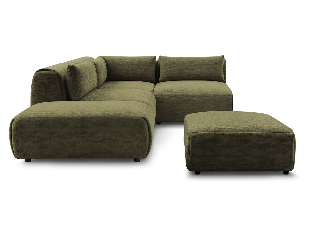 Canapé d'angle fixe modulable JEANNE tissu texturé avec 2 chauffeuses, 1 angle et 2 poufs