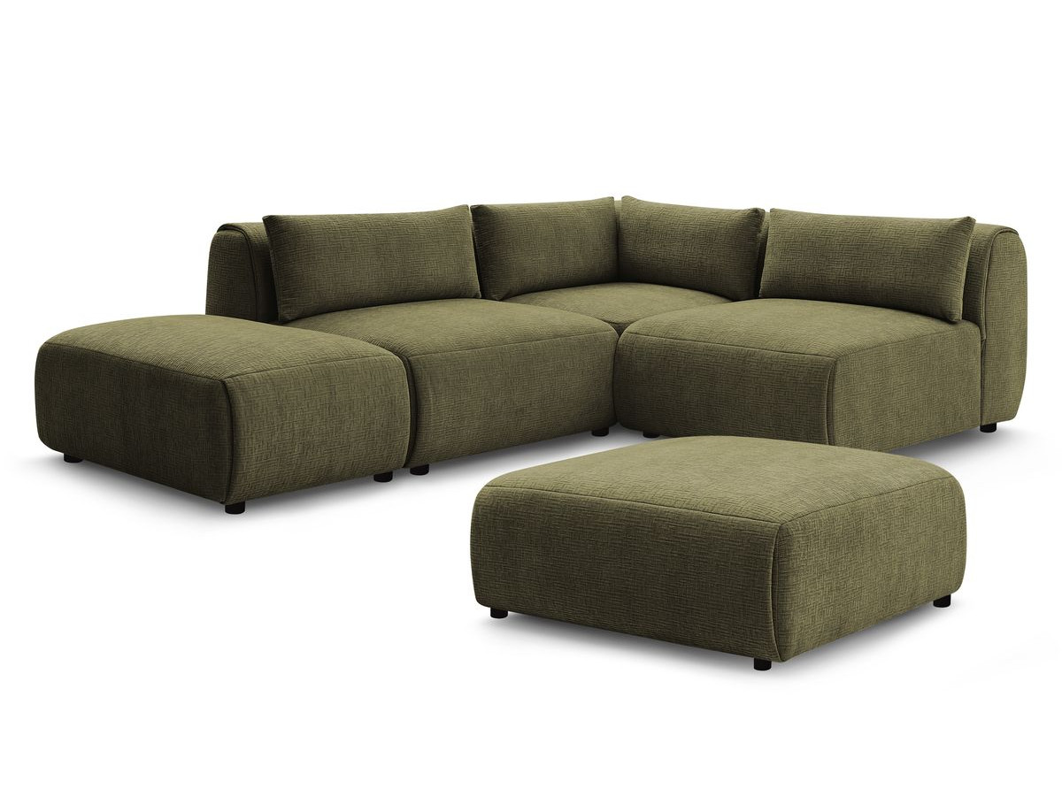 Canapé d'angle fixe modulable JEANNE tissu texturé avec 2 chauffeuses, 1 angle et 2 poufs