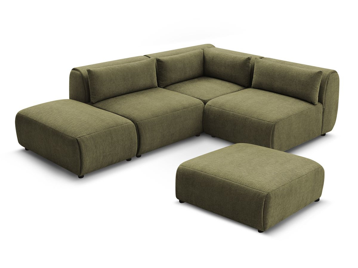 Canapé d'angle fixe modulable JEANNE tissu texturé avec 2 chauffeuses, 1 angle et 2 poufs