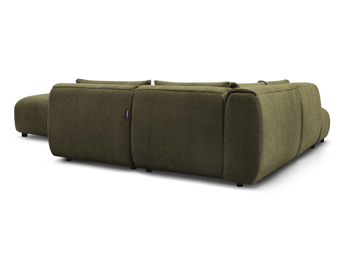 Canapé d'angle fixe modulable JEANNE tissu texturé avec 2 chauffeuses, 1 angle et 2 poufs