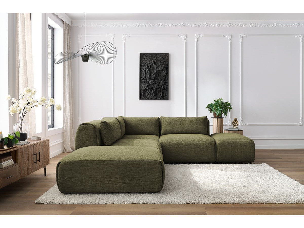Canapé d'angle fixe modulable JEANNE tissu texturé avec 2 chauffeuses, 1 angle et 2 poufs