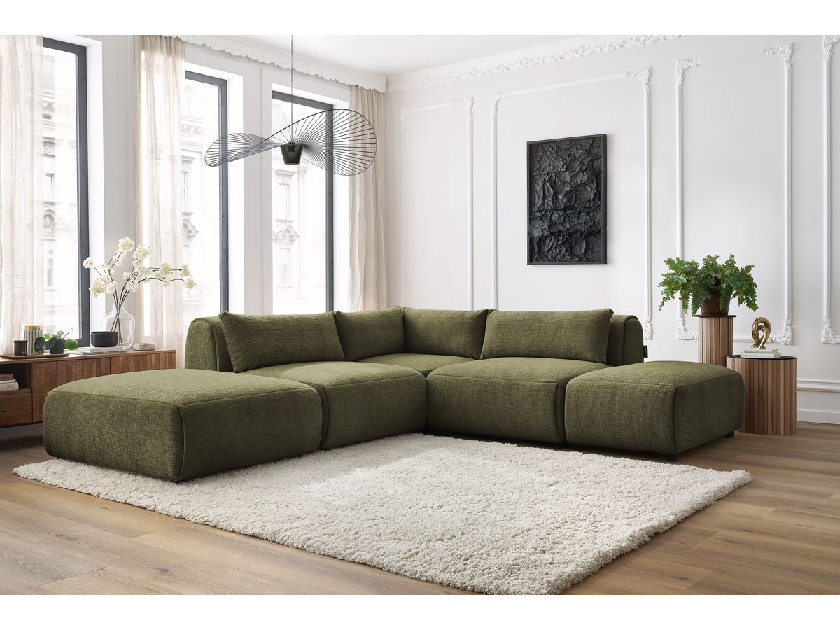 Canapé d'angle fixe modulable JEANNE tissu texturé avec 2 chauffeuses, 1 angle et 2 poufs