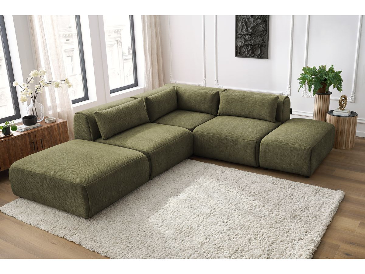 Canapé d'angle fixe modulable JEANNE tissu texturé avec 2 chauffeuses, 1 angle et 2 poufs