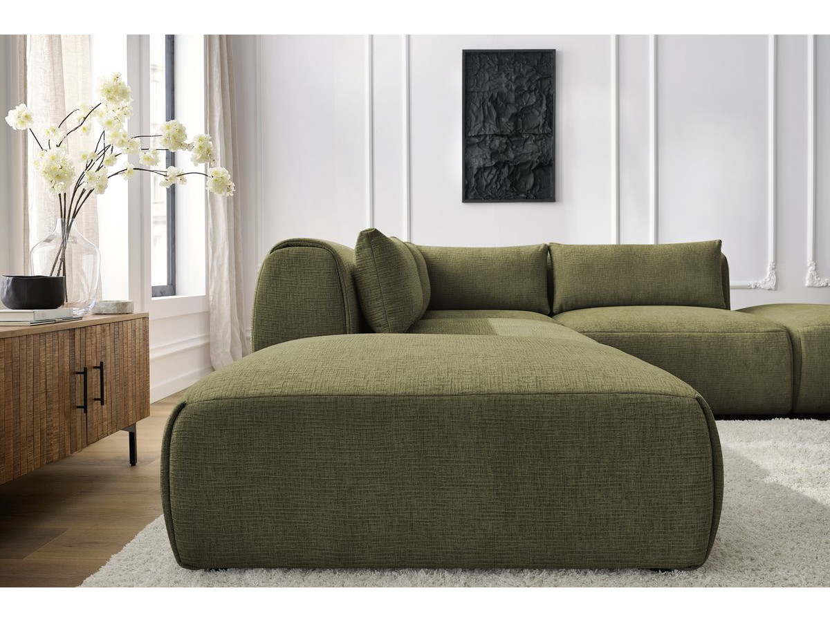Canapé d'angle fixe modulable JEANNE tissu texturé avec 2 chauffeuses, 1 angle et 2 poufs