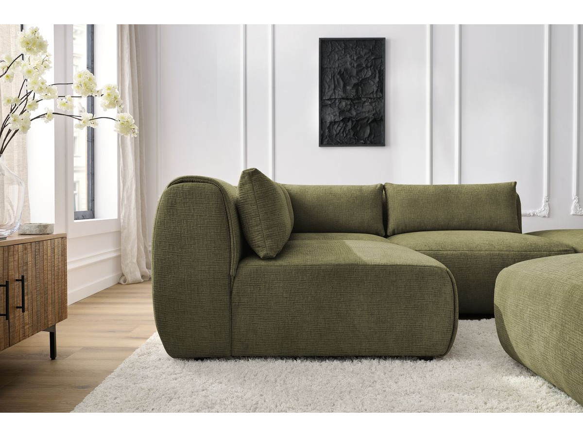 Canapé d'angle fixe modulable JEANNE tissu texturé avec 2 chauffeuses, 1 angle et 2 poufs