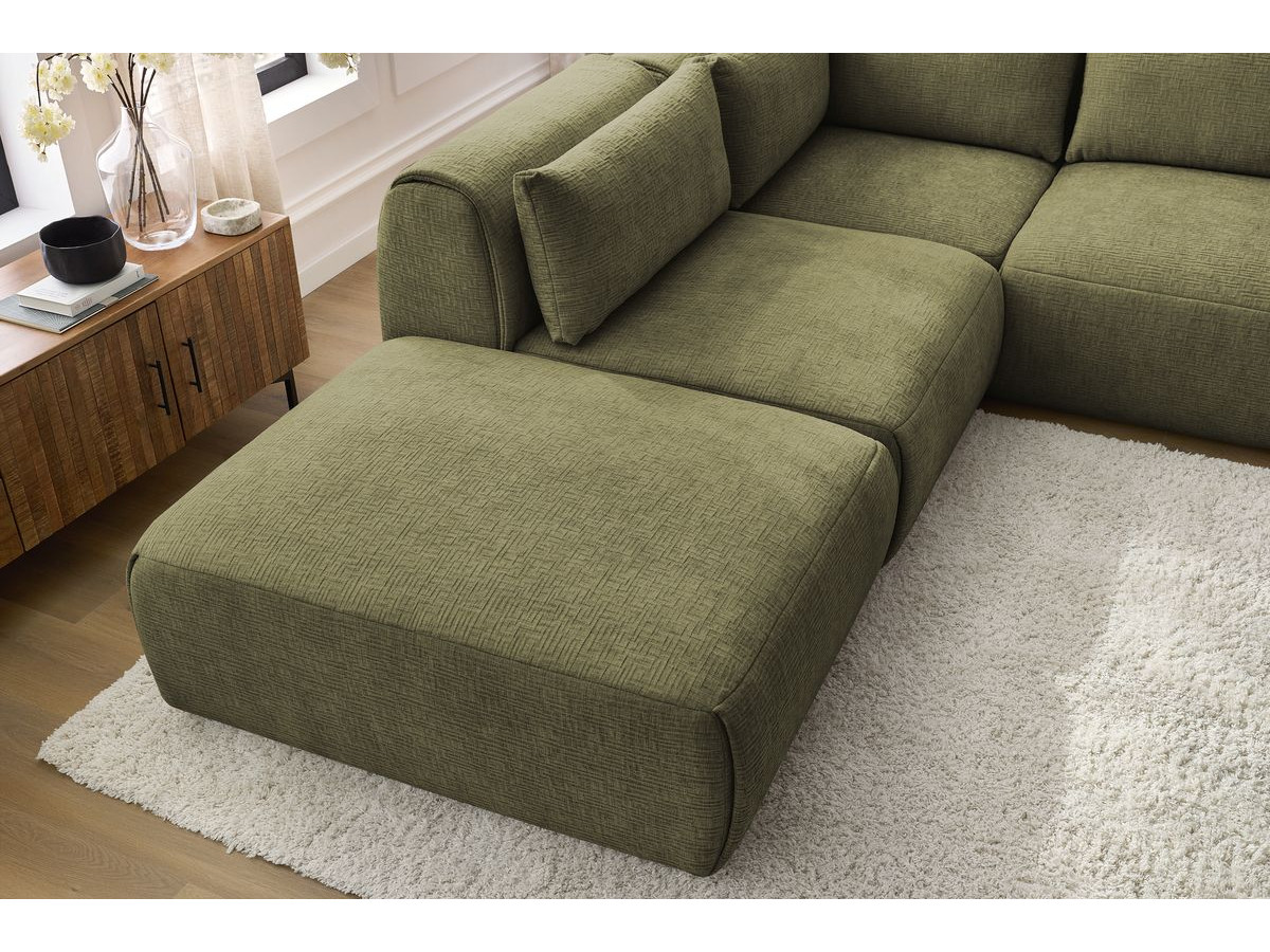 Canapé d'angle fixe modulable JEANNE tissu texturé avec 2 chauffeuses, 1 angle et 2 poufs