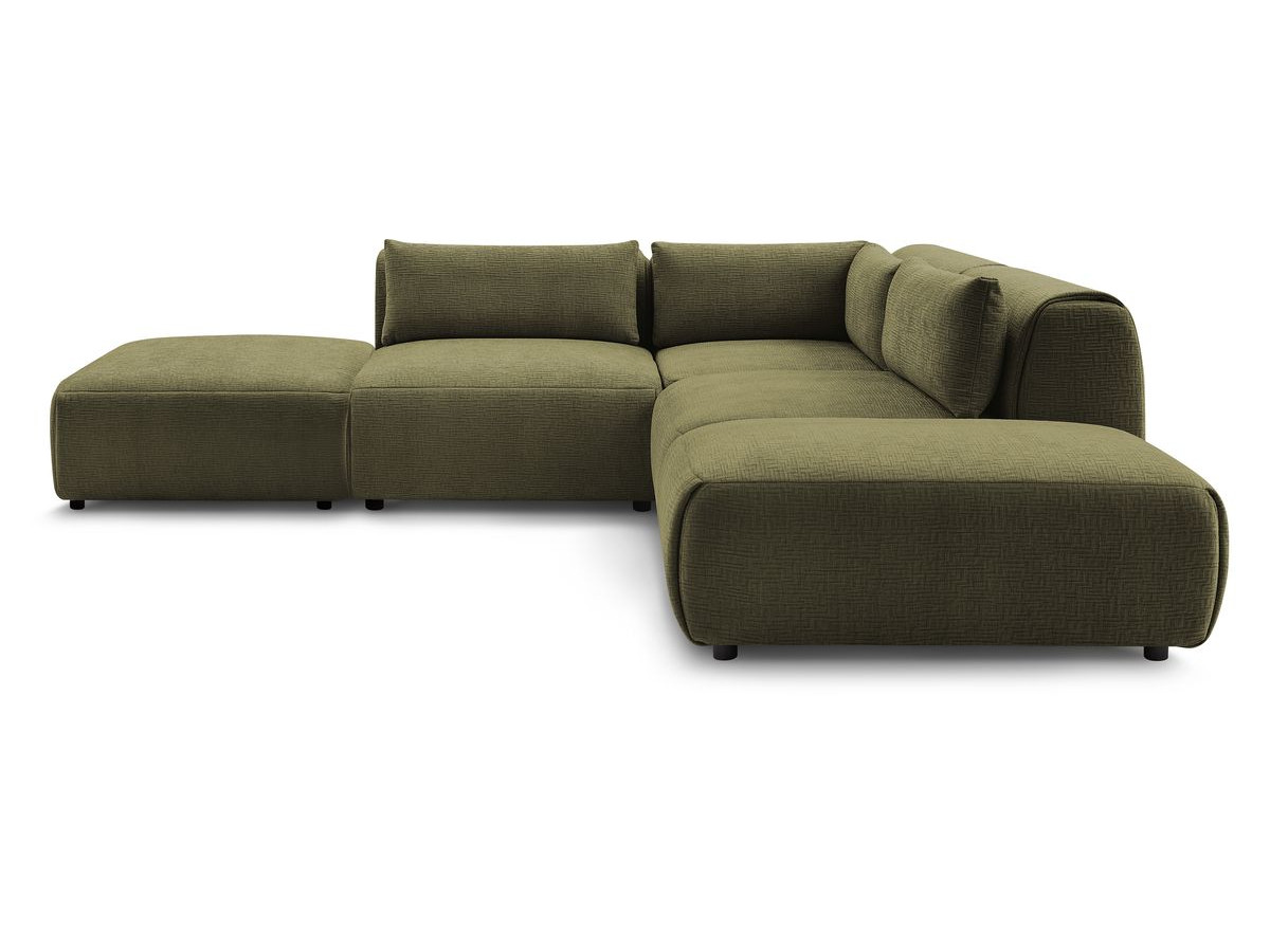 Canapé d'angle fixe modulable JEANNE tissu texturé avec 2 chauffeuses, 1 angle et 2 poufs