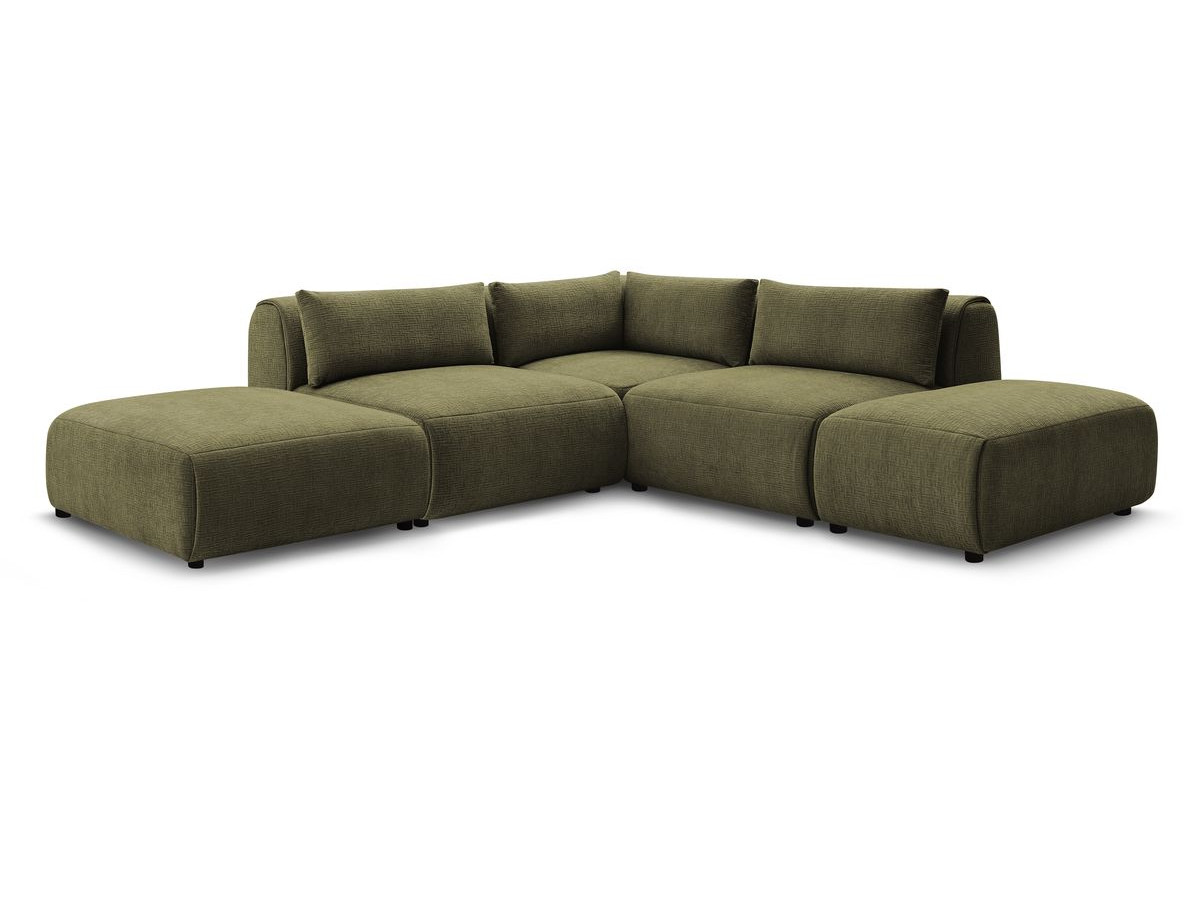Canapé d'angle fixe modulable JEANNE tissu texturé avec 2 chauffeuses, 1 angle et 2 poufs