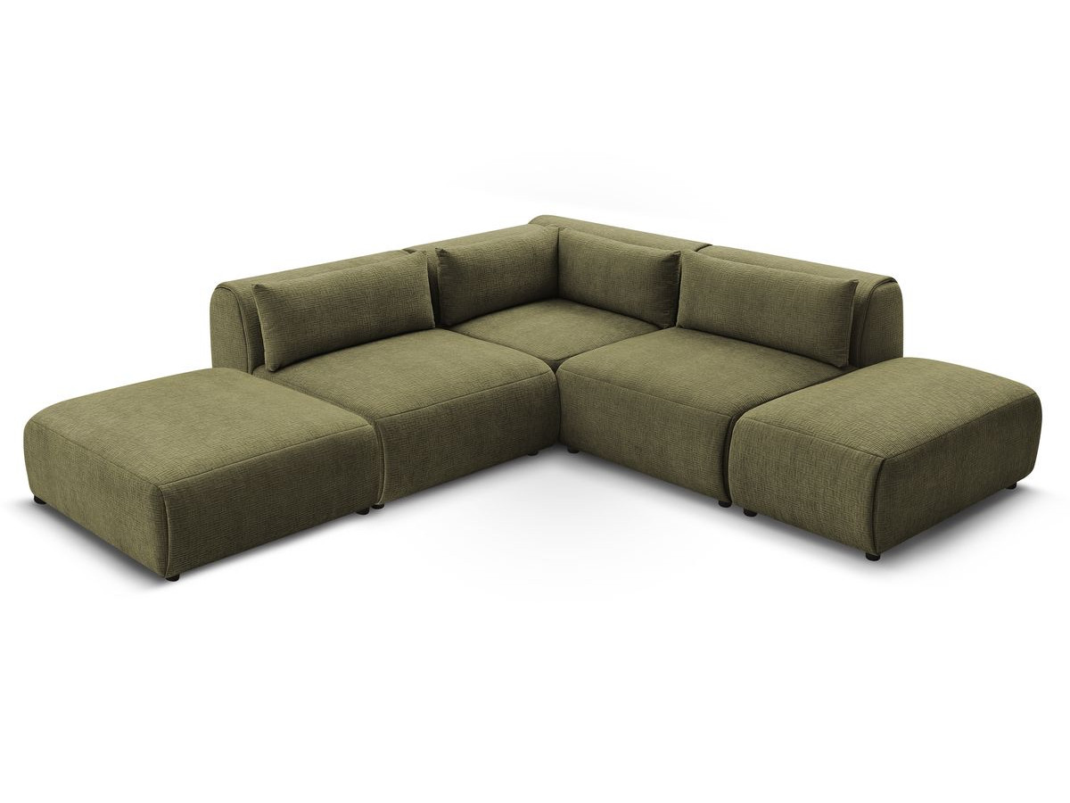 Canapé d'angle fixe modulable JEANNE tissu texturé avec 2 chauffeuses, 1 angle et 2 poufs