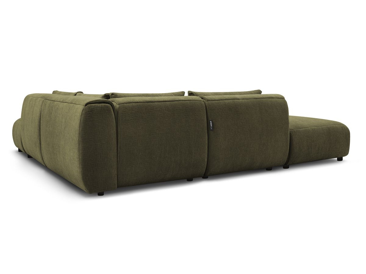 Canapé d'angle fixe modulable JEANNE tissu texturé avec 2 chauffeuses, 1 angle et 2 poufs