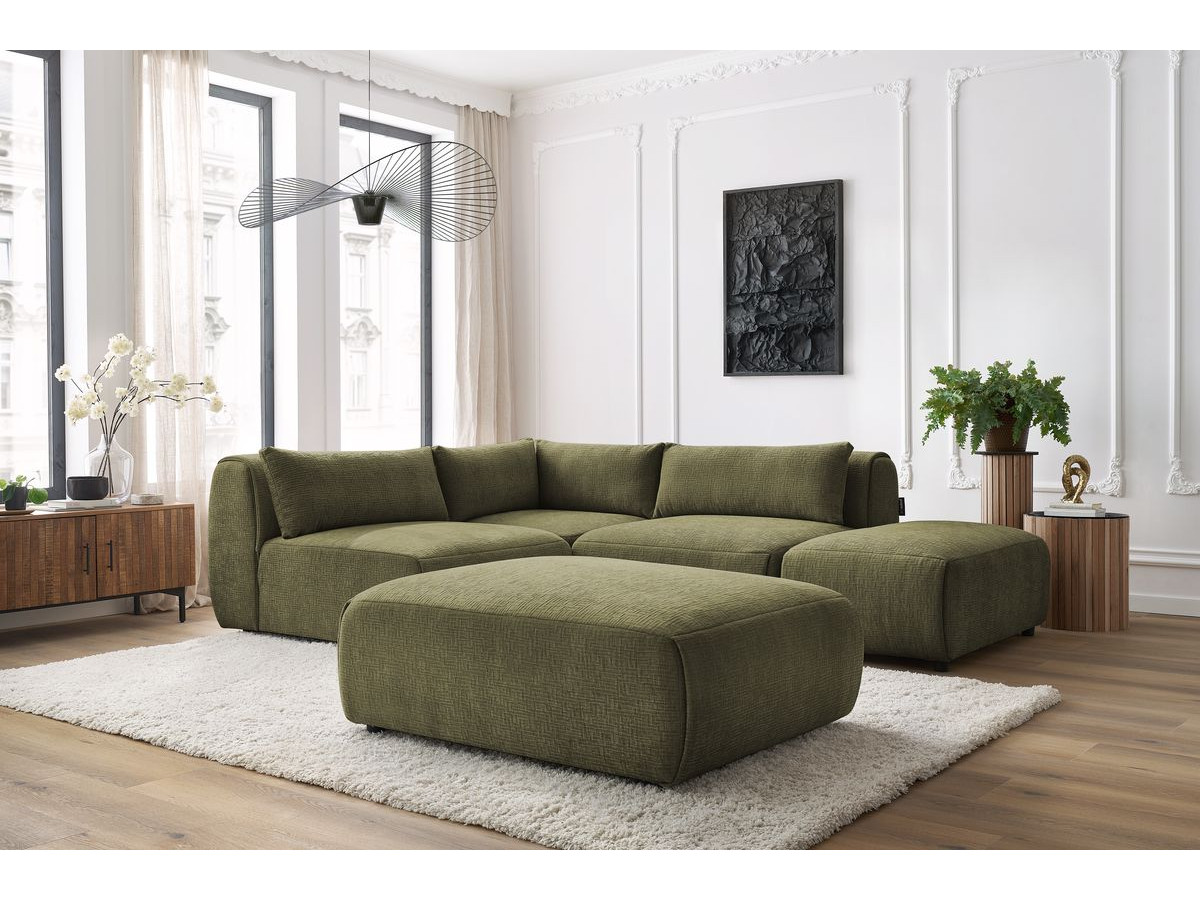 Canapé d'angle fixe modulable JEANNE tissu texturé avec 2 chauffeuses, 1 angle et 2 poufs