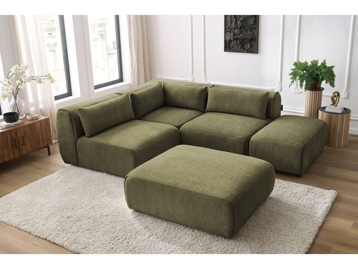 Canapé d'angle fixe modulable JEANNE tissu texturé avec 2 chauffeuses, 1 angle et 2 poufs