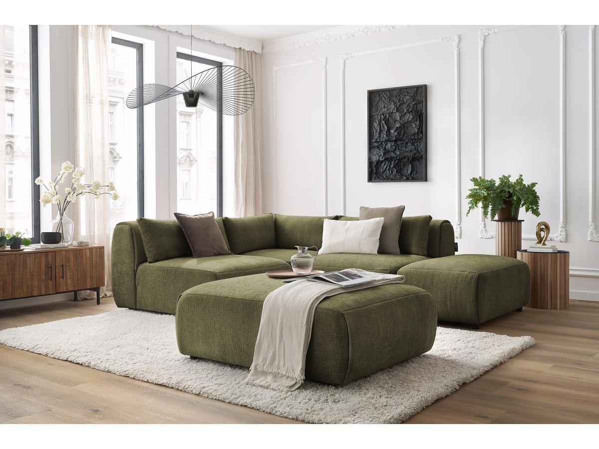 Canapé d'angle fixe modulable JEANNE tissu texturé avec 2 chauffeuses, 1 angle et 2 poufs