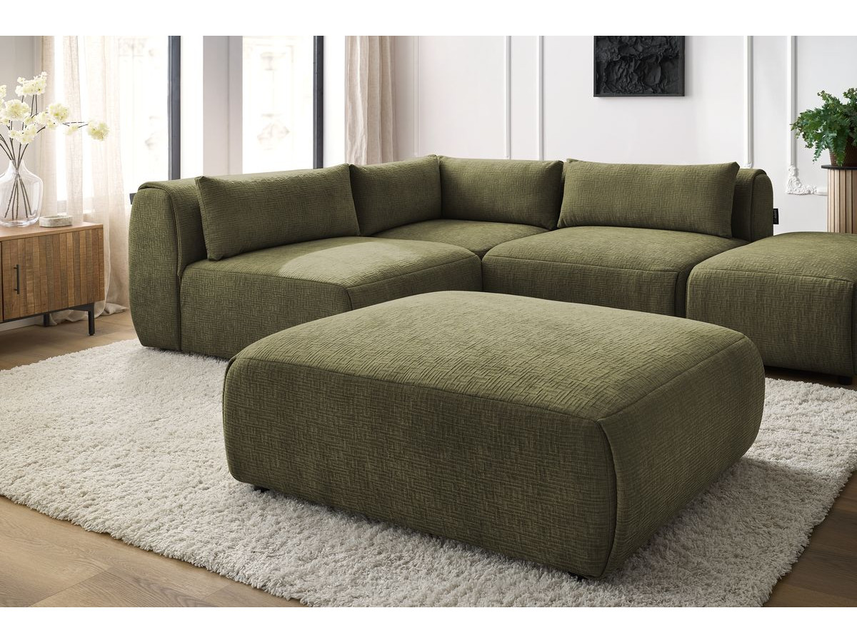 Canapé d'angle fixe modulable JEANNE tissu texturé avec 2 chauffeuses, 1 angle et 2 poufs