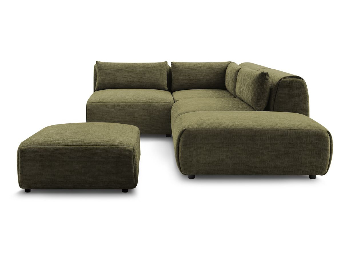 Canapé d'angle fixe modulable JEANNE tissu texturé avec 2 chauffeuses, 1 angle et 2 poufs