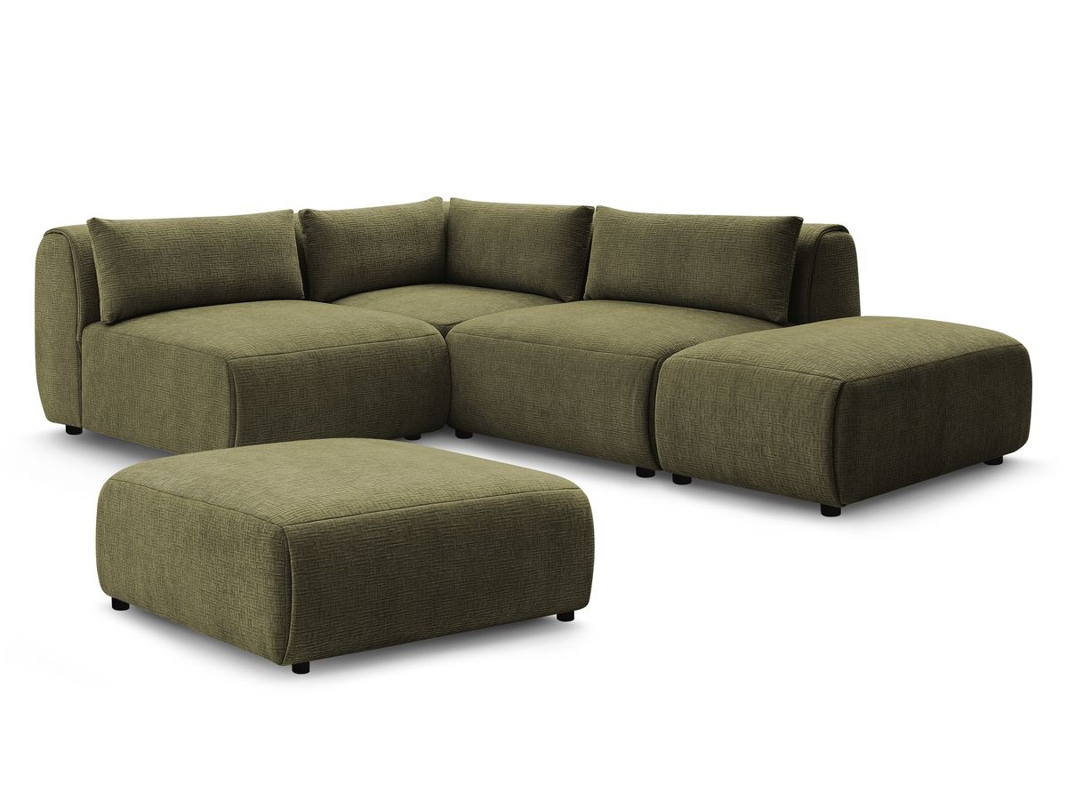 Canapé d'angle fixe modulable JEANNE tissu texturé avec 2 chauffeuses, 1 angle et 2 poufs
