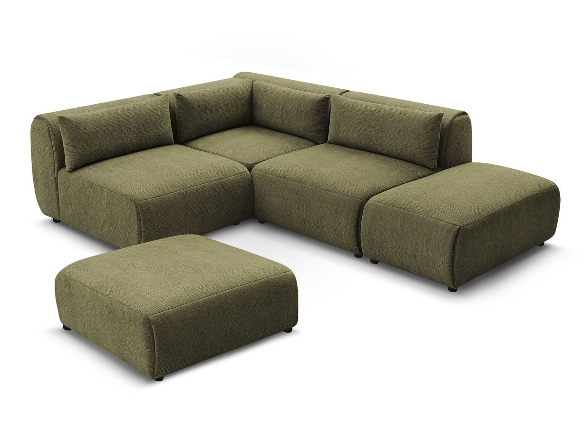 Canapé d'angle fixe modulable JEANNE tissu texturé avec 2 chauffeuses, 1 angle et 2 poufs