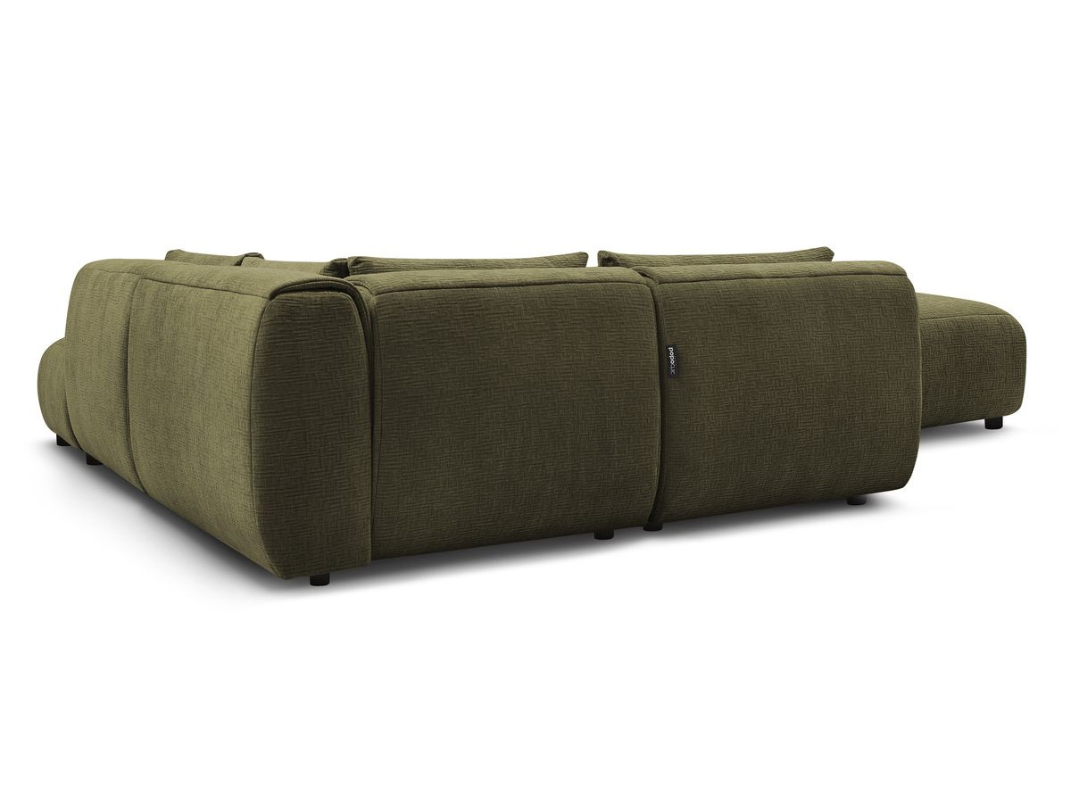Canapé d'angle fixe modulable JEANNE tissu texturé avec 2 chauffeuses, 1 angle et 2 poufs