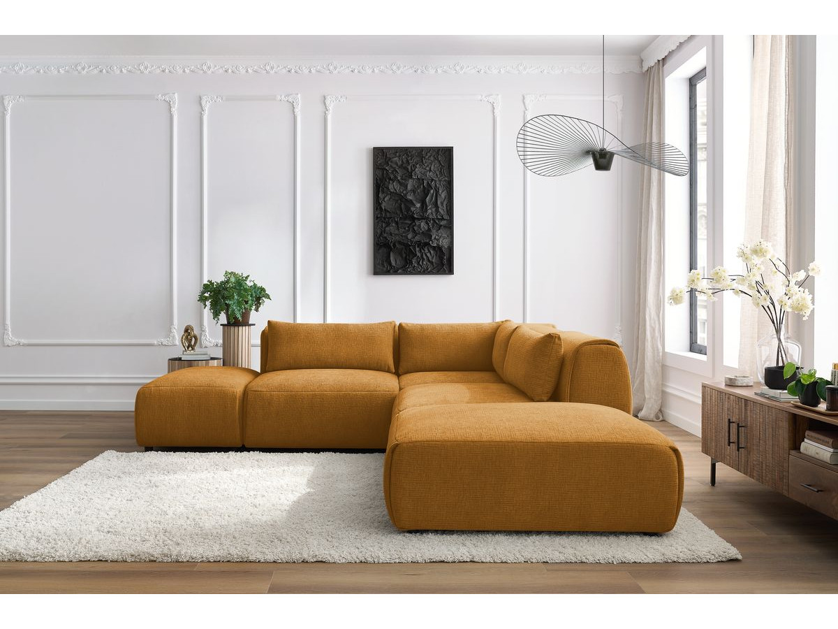 JEANNE modulaire vaste hoekbank in structuurstof met 2 fauteuils, 1 hoekbank en 2 poefs