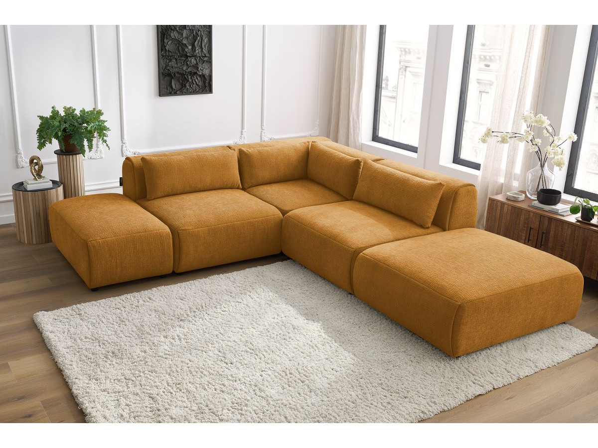 JEANNE modulaire vaste hoekbank in structuurstof met 2 fauteuils, 1 hoekbank en 2 poefs