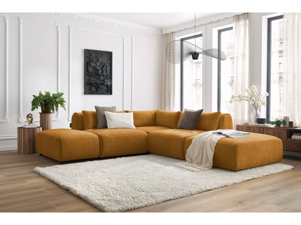 JEANNE modulaire vaste hoekbank in structuurstof met 2 fauteuils, 1 hoekbank en 2 poefs