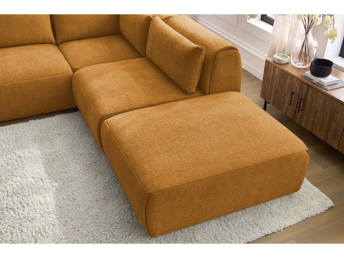 JEANNE modulaire vaste hoekbank in structuurstof met 2 fauteuils, 1 hoekbank en 2 poefs