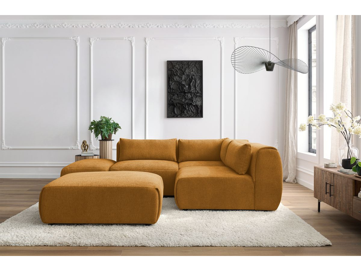 JEANNE modulaire vaste hoekbank in structuurstof met 2 fauteuils, 1 hoekbank en 2 poefs