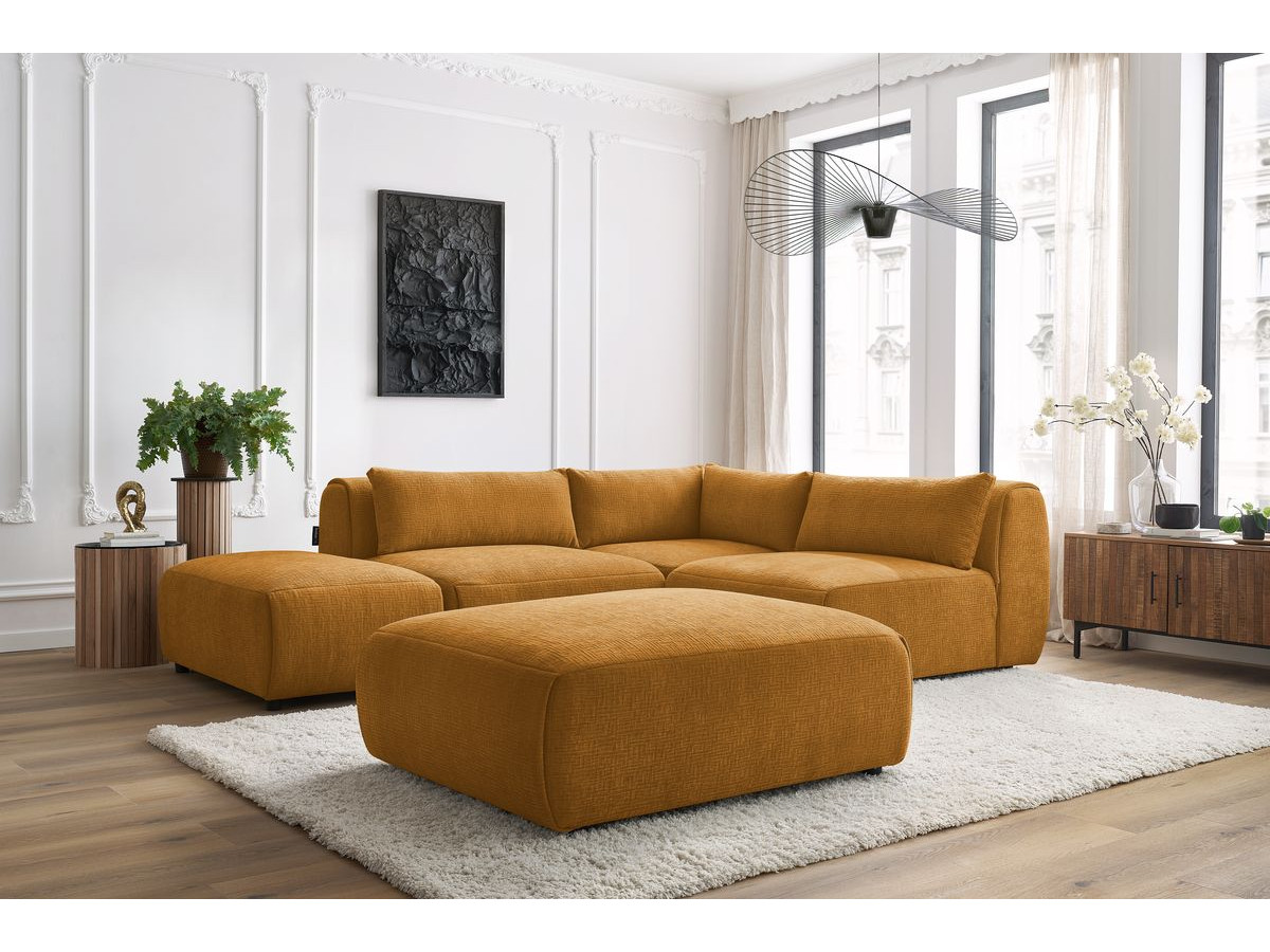 JEANNE modulaire vaste hoekbank in structuurstof met 2 fauteuils, 1 hoekbank en 2 poefs