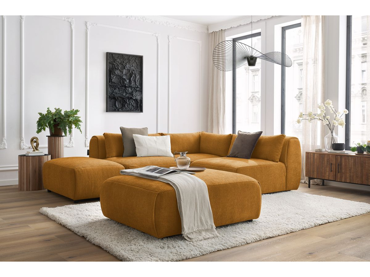 JEANNE modulaire vaste hoekbank in structuurstof met 2 fauteuils, 1 hoekbank en 2 poefs