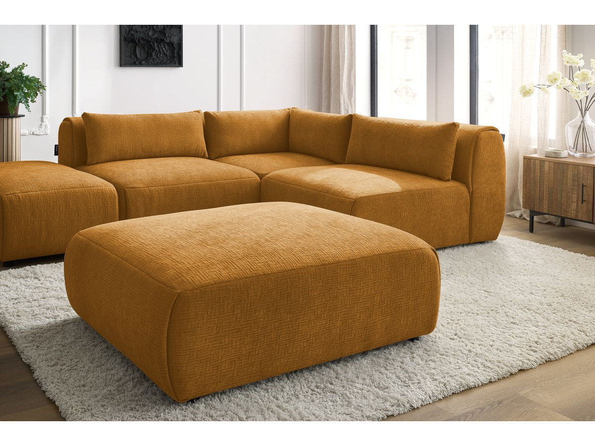 JEANNE modulaire vaste hoekbank in structuurstof met 2 fauteuils, 1 hoekbank en 2 poefs