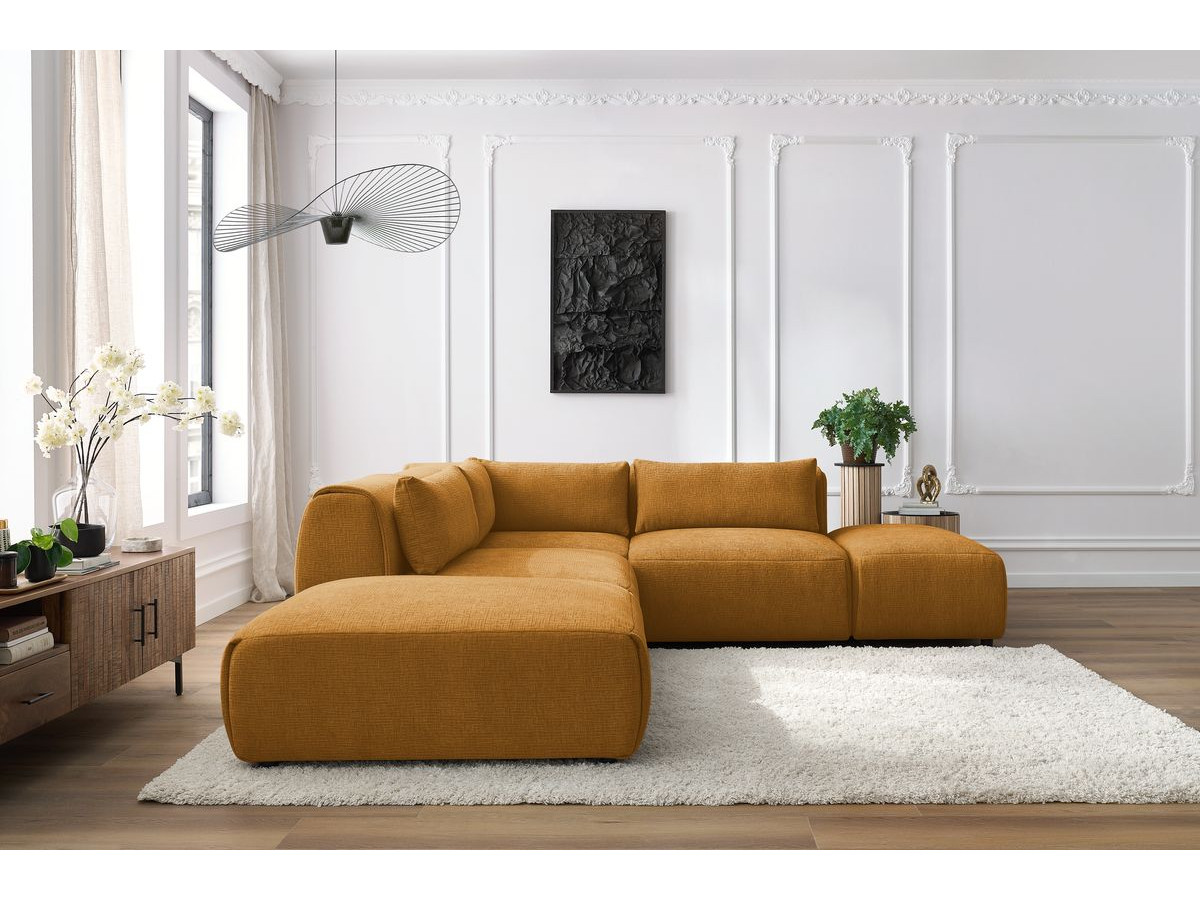 JEANNE modulaire vaste hoekbank in structuurstof met 2 fauteuils, 1 hoekbank en 2 poefs