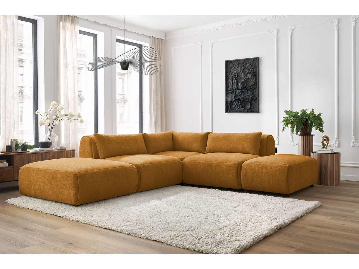 JEANNE modulaire vaste hoekbank in structuurstof met 2 fauteuils, 1 hoekbank en 2 poefs