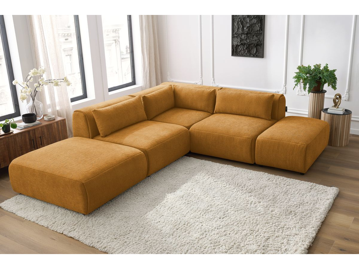 JEANNE modulaire vaste hoekbank in structuurstof met 2 fauteuils, 1 hoekbank en 2 poefs