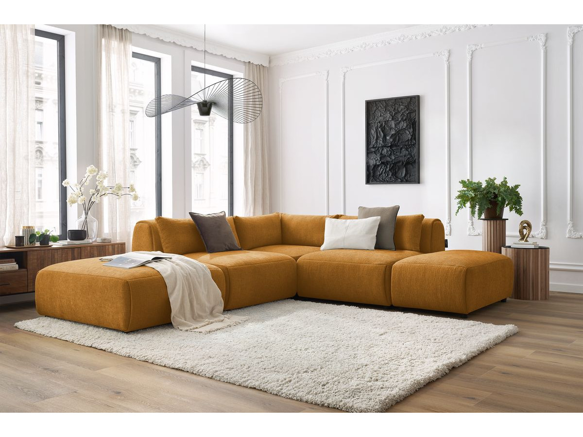 JEANNE modulaire vaste hoekbank in structuurstof met 2 fauteuils, 1 hoekbank en 2 poefs