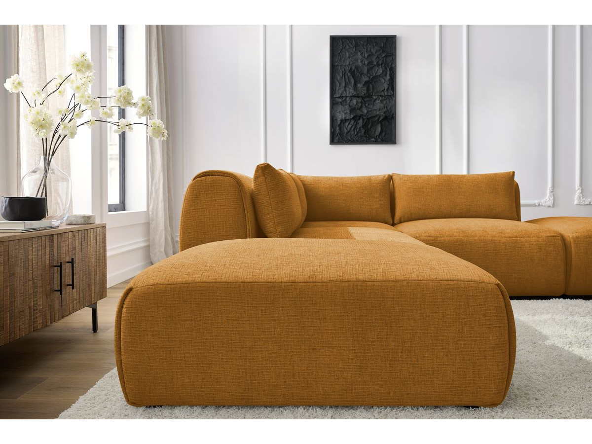 JEANNE modulaire vaste hoekbank in structuurstof met 2 fauteuils, 1 hoekbank en 2 poefs