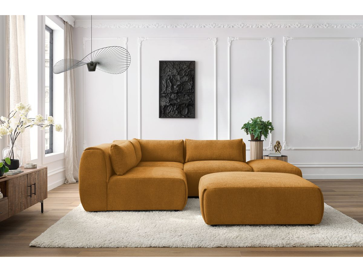 JEANNE modulaire vaste hoekbank in structuurstof met 2 fauteuils, 1 hoekbank en 2 poefs