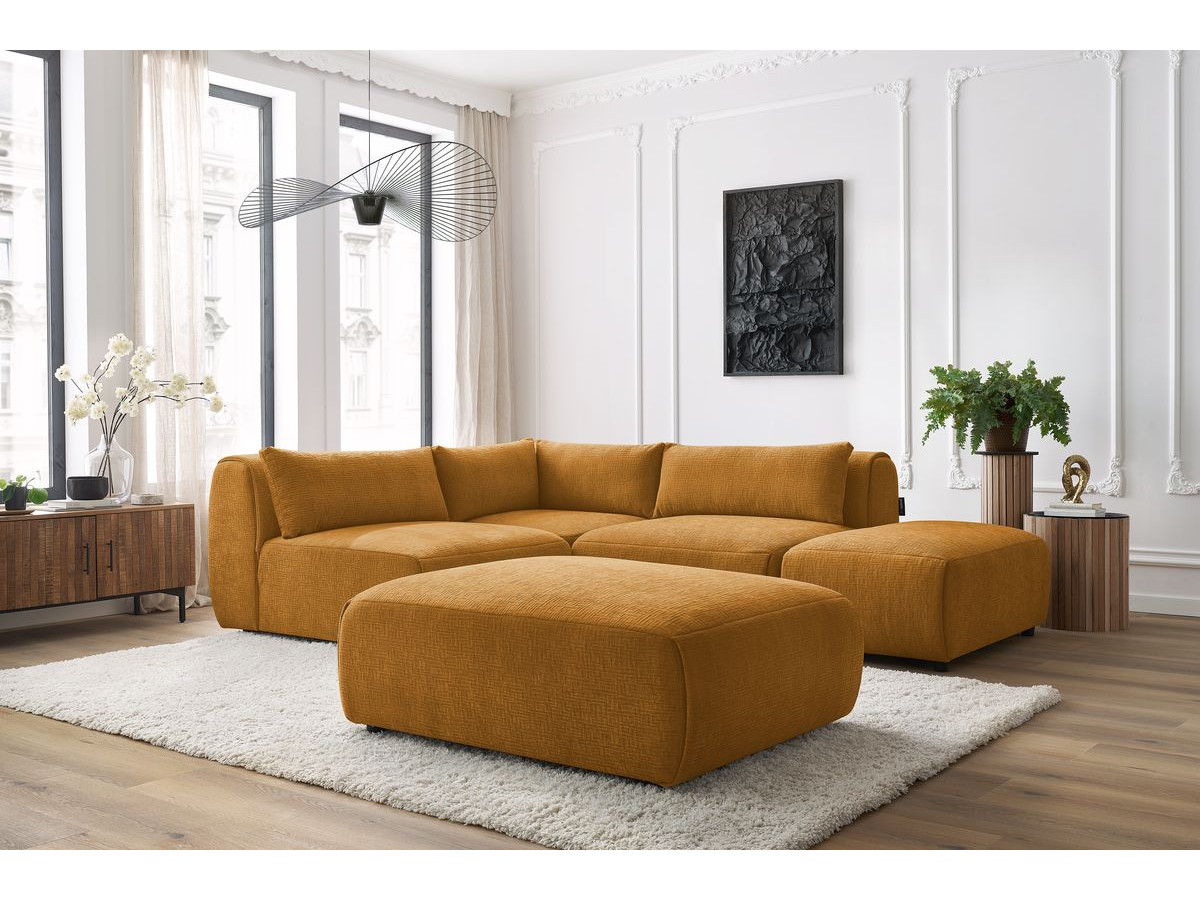 JEANNE modulaire vaste hoekbank in structuurstof met 2 fauteuils, 1 hoekbank en 2 poefs